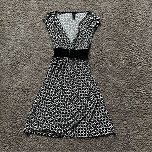2000s Y2K Wrapper Geometric Sparkly Black and White Fit & Flare Dress
